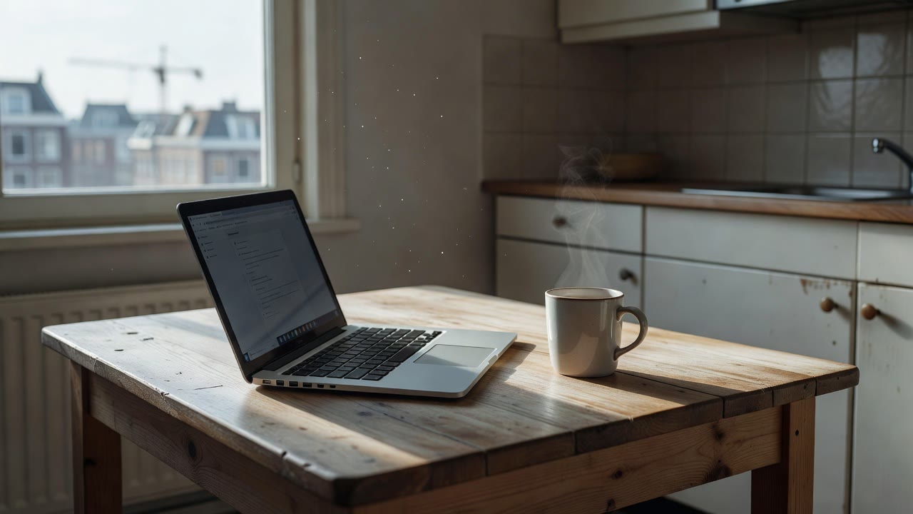 Laptop op een keukentafel, klaar voor computerhulp aan huis