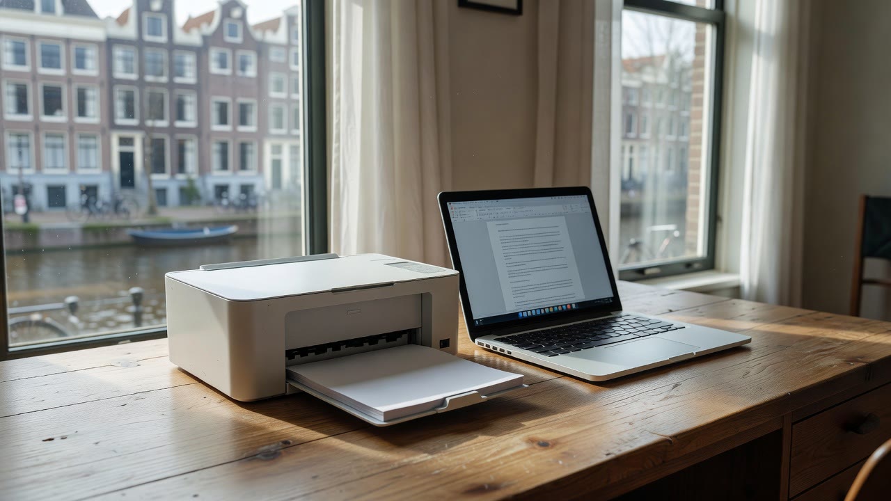 Bureau-printer naast een laptop